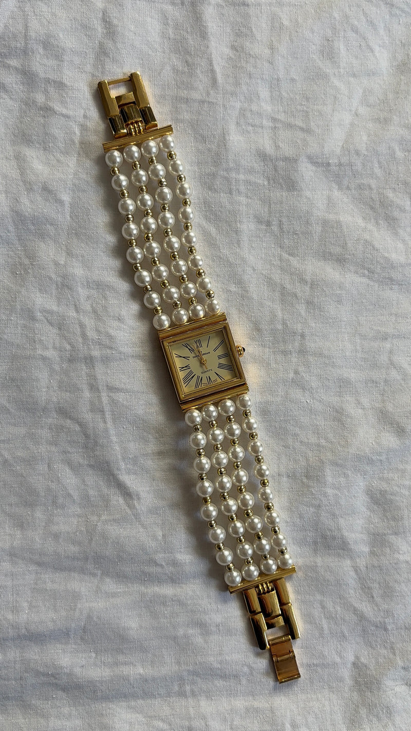 WORKING Gold-Tone Pearl Band Clasp Watch